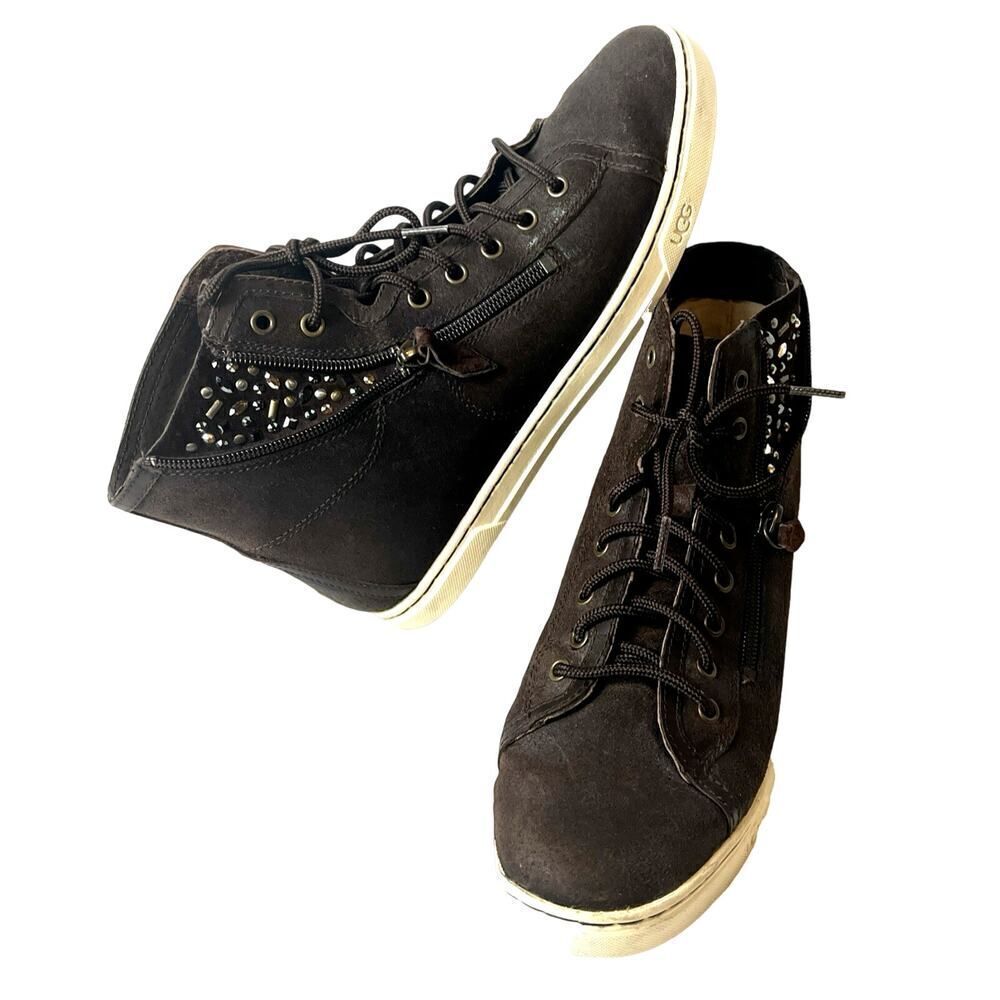UGG Brown Leather High Top Sneaker Womens 8.5 Lace Up Sequinned Zip Bootie Shoes